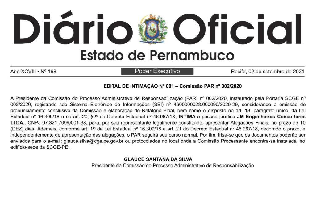 Processo Administrativo de Responsabilização (PAR) nº 002/2020 – EDITAL DE INTIMAÇÃO